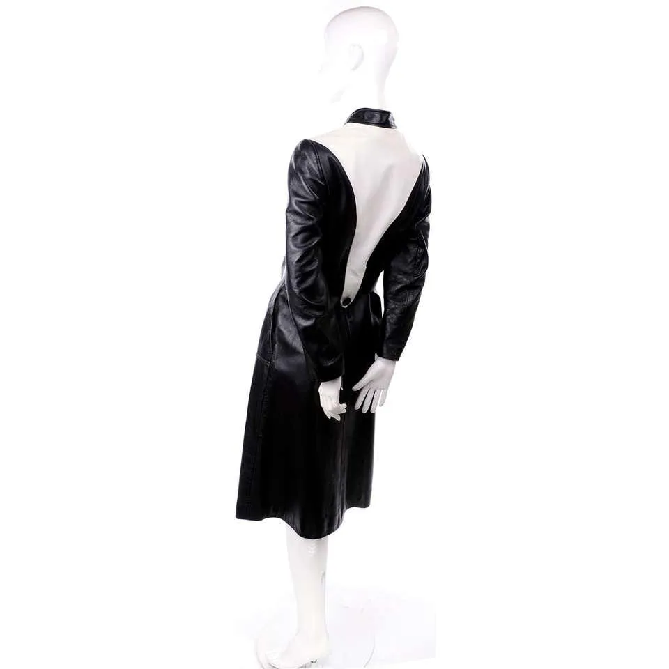 1970s Mod Black & White Leather Vintage Coat w/ Belt 4/6