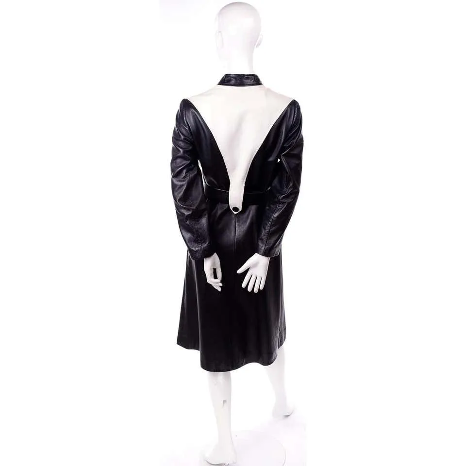 1970s Mod Black & White Leather Vintage Coat w/ Belt 4/6