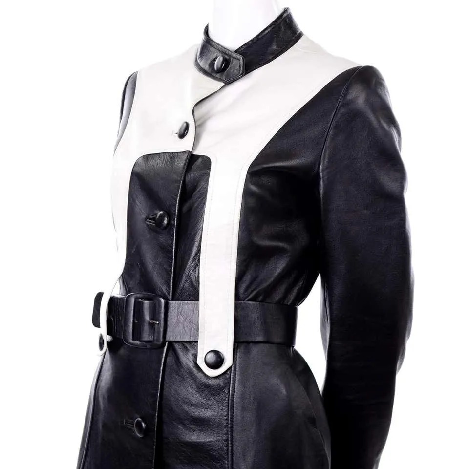 1970s Mod Black & White Leather Vintage Coat w/ Belt 4/6