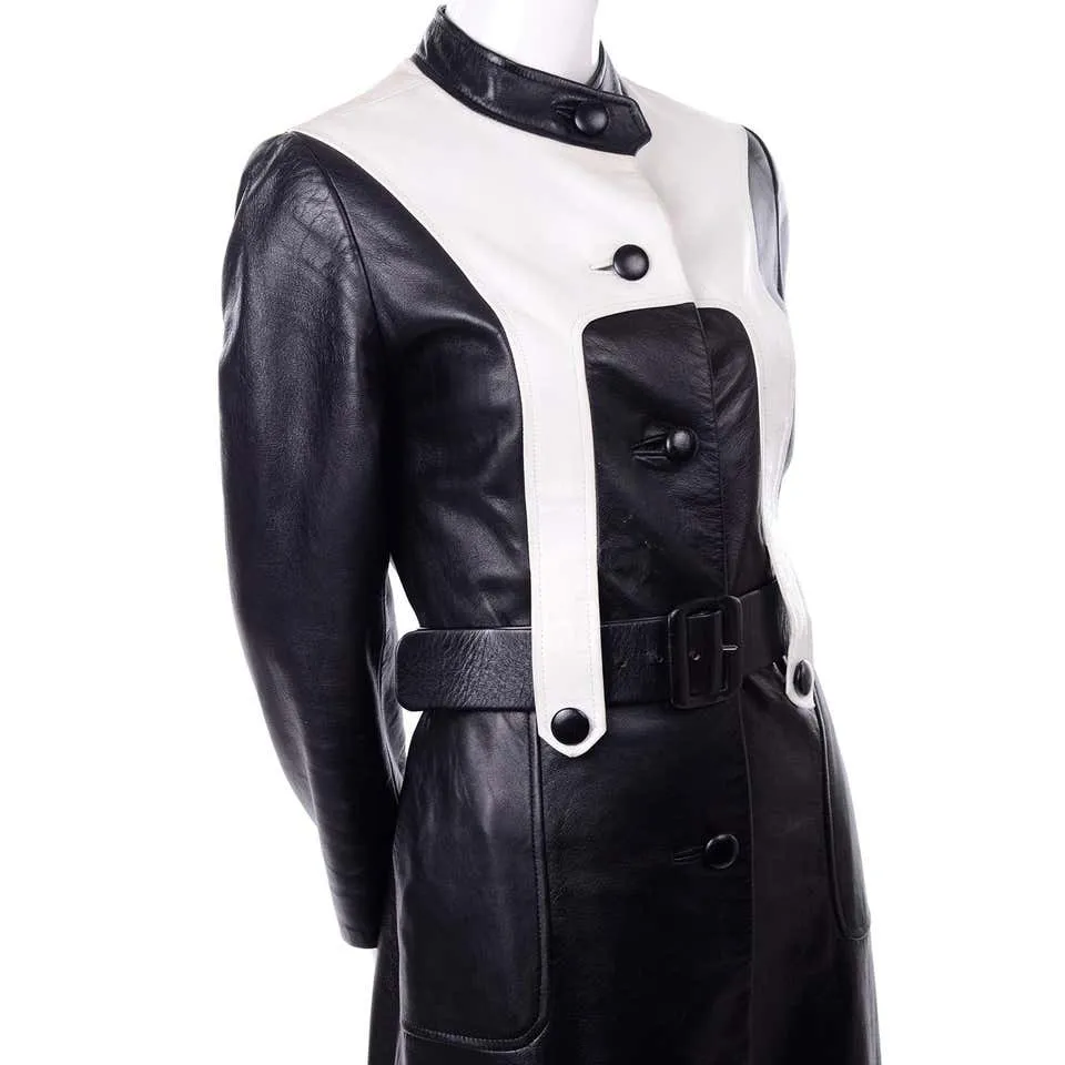 1970s Mod Black & White Leather Vintage Coat w/ Belt 4/6