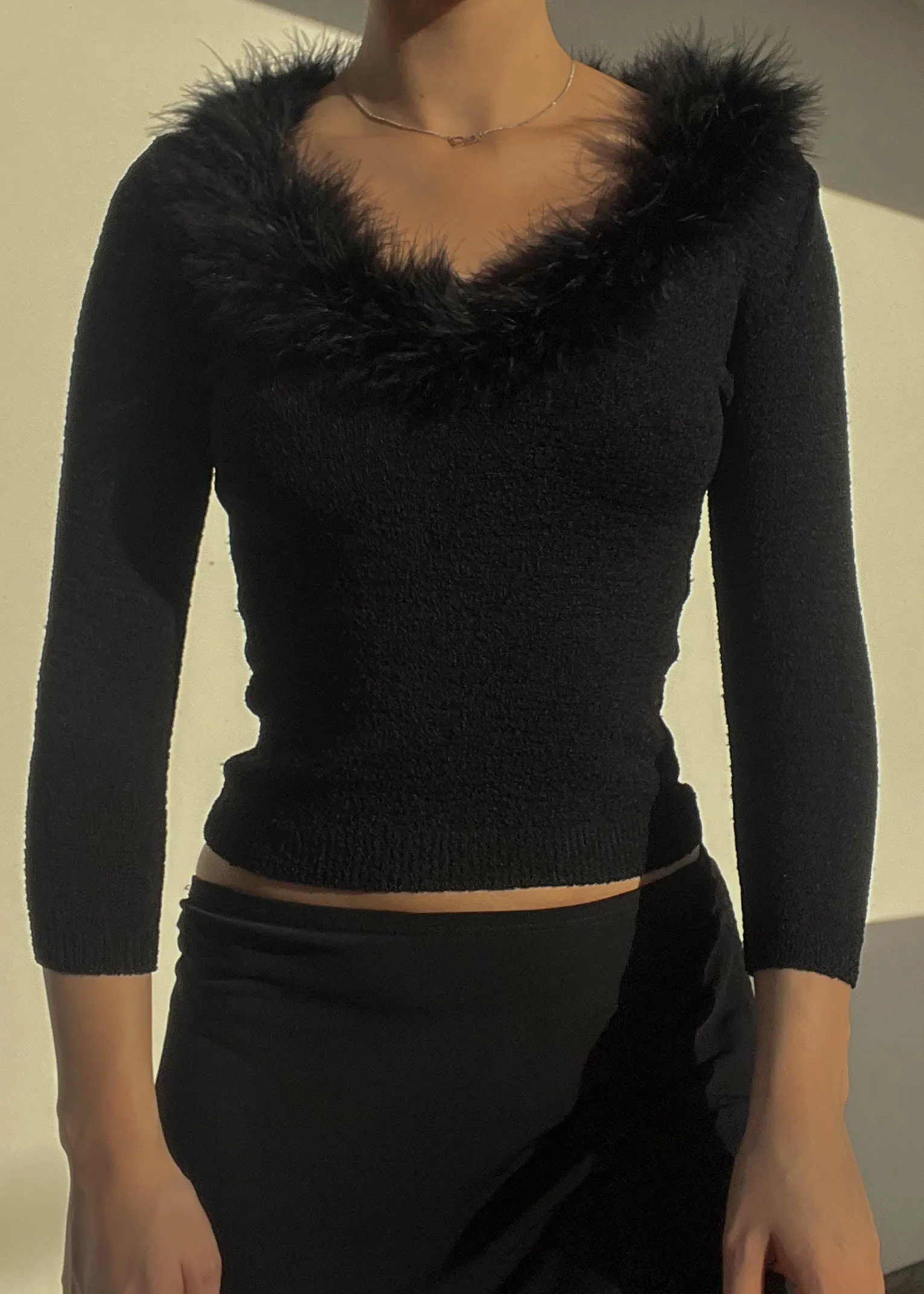 90's Black Fur Trim Top (S)
