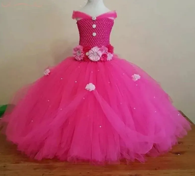 Beautiful Tulle Princess Tutu Dress Girls Ball Gown with Rhinestone 3D Flower Accents