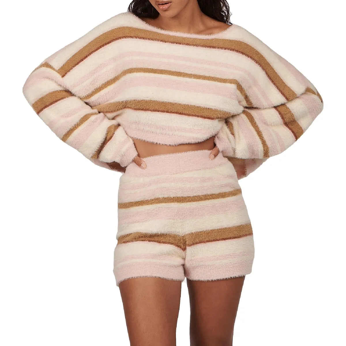 Charlie Holiday Tellow Women's Striped Fuzzy Knit Long Sleeve Crop Top