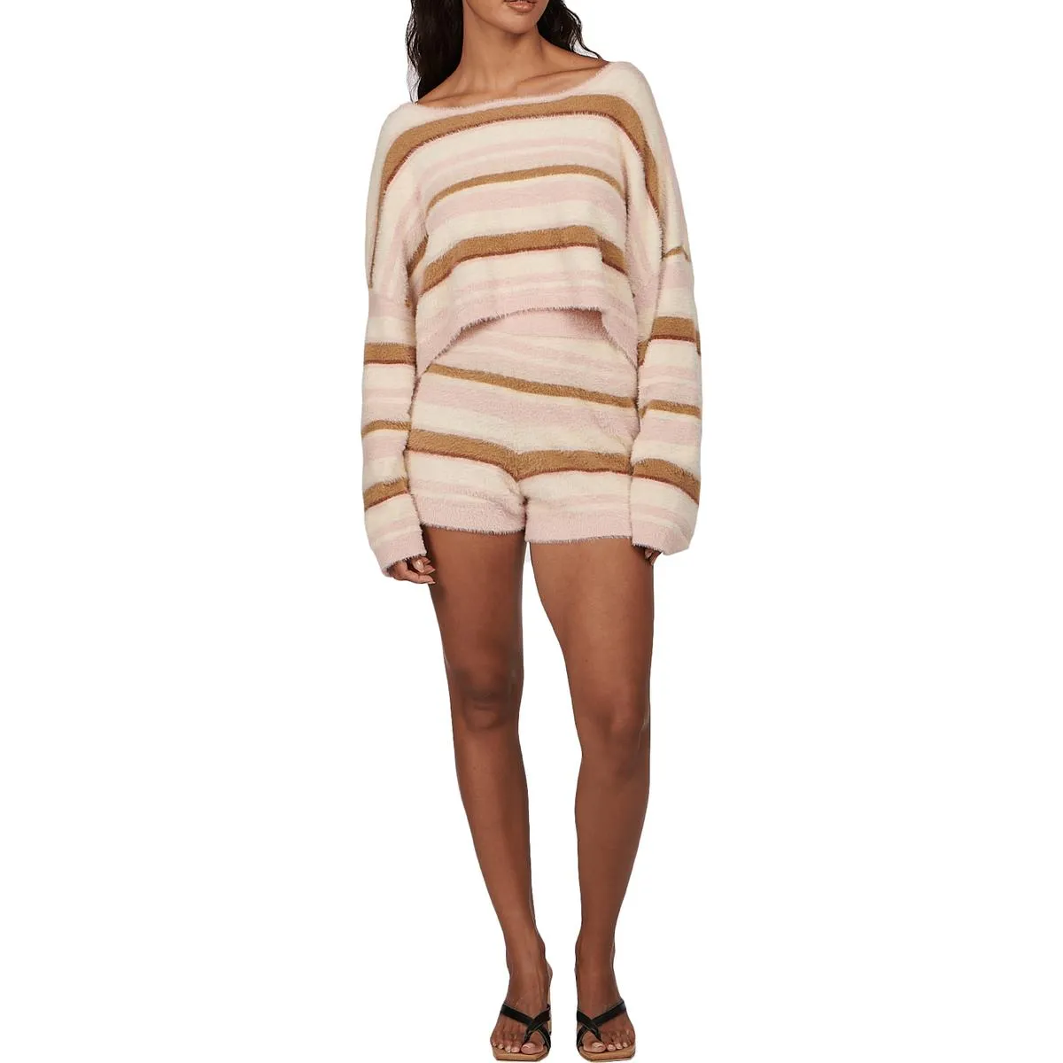 Charlie Holiday Tellow Women's Striped Fuzzy Knit Long Sleeve Crop Top