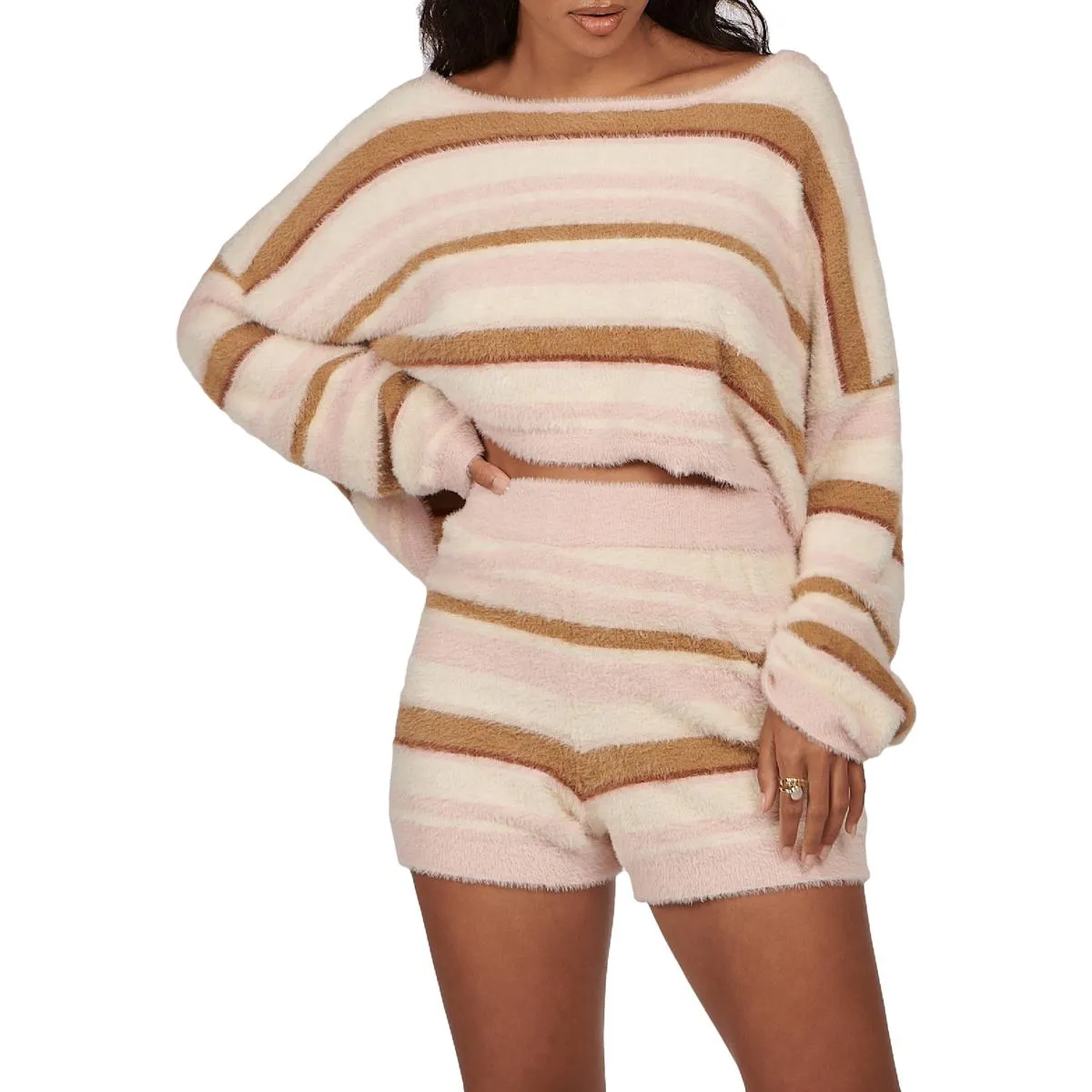 Charlie Holiday Tellow Women's Striped Fuzzy Knit Long Sleeve Crop Top