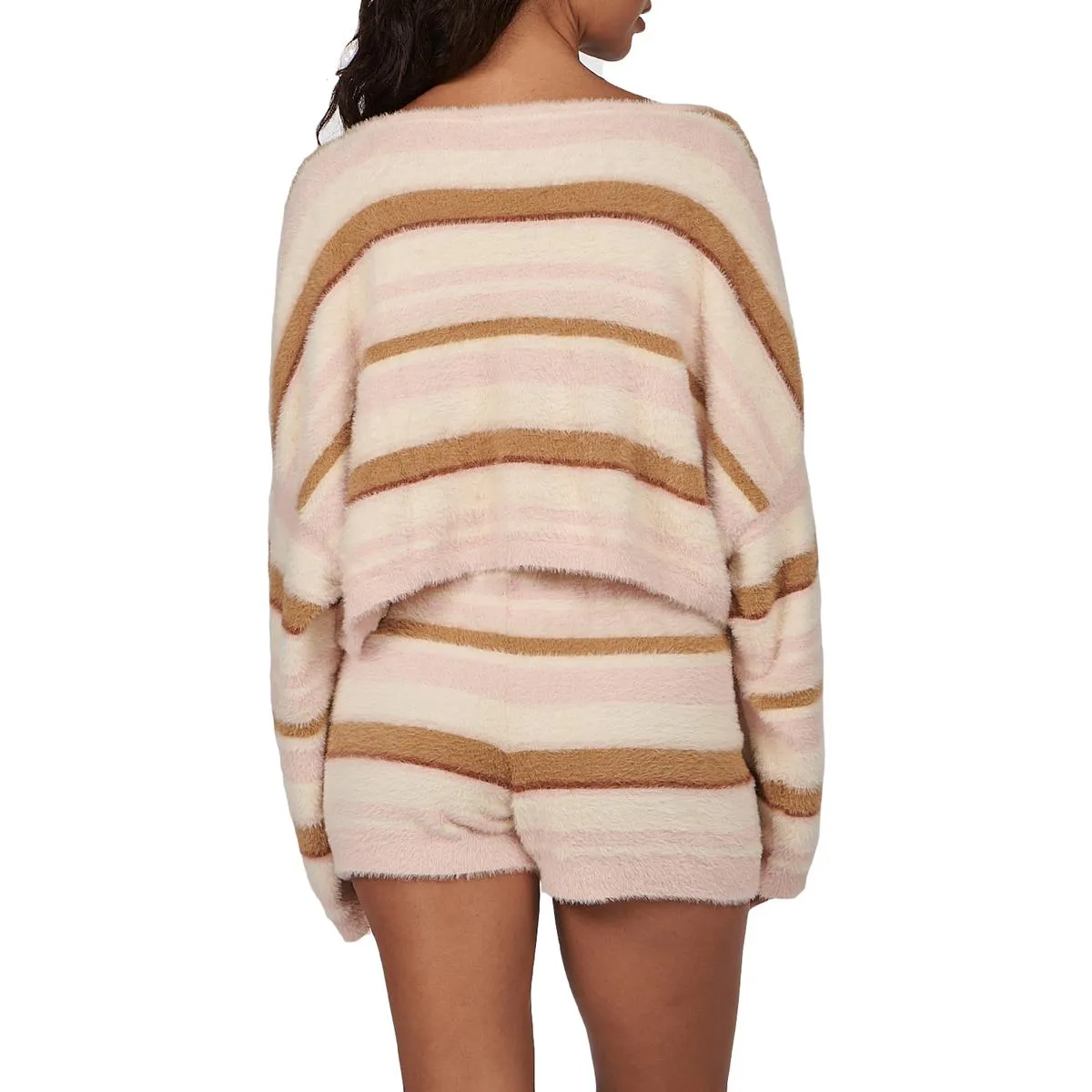Charlie Holiday Tellow Women's Striped Fuzzy Knit Long Sleeve Crop Top