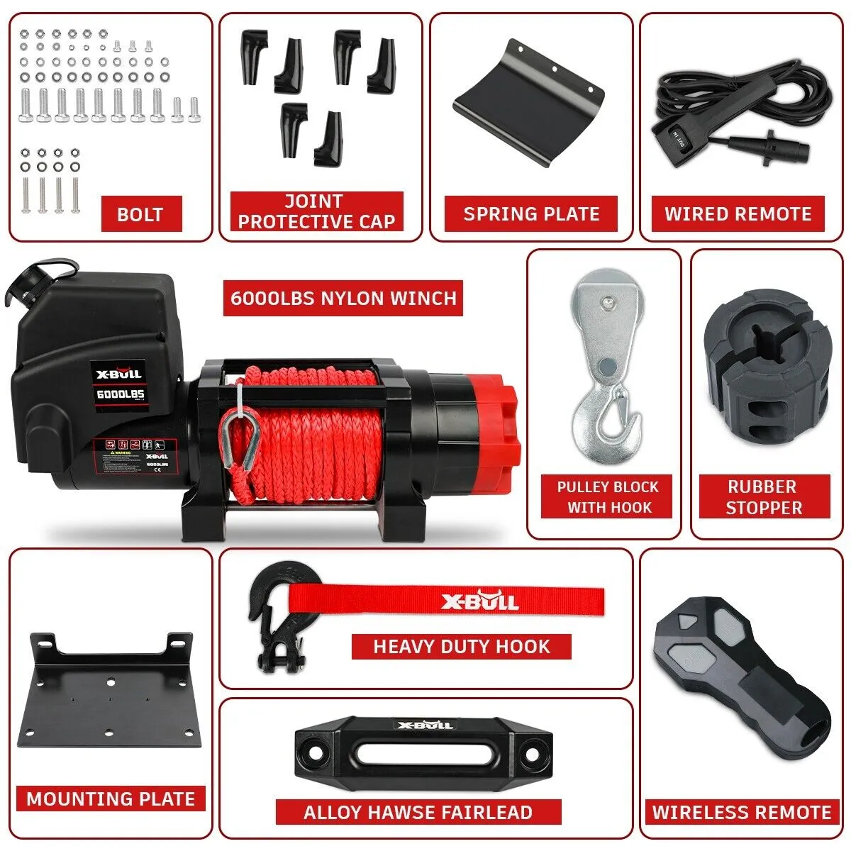Easy-Install 6000LBS Electric Winch, Synthetic Rope, Wireless Remote - X-BULL