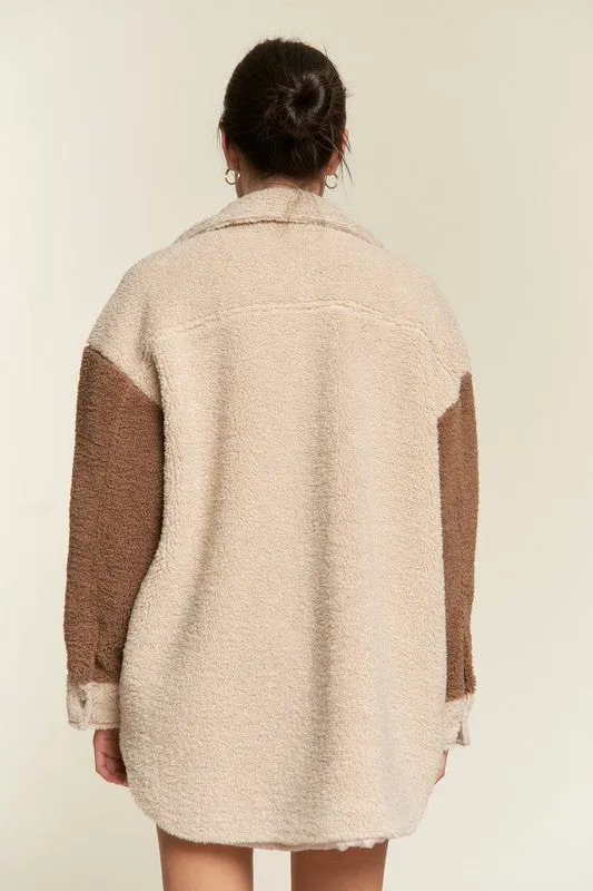 JADE by JANE Plus-size Color block sherpa Shacket JJO5017P
