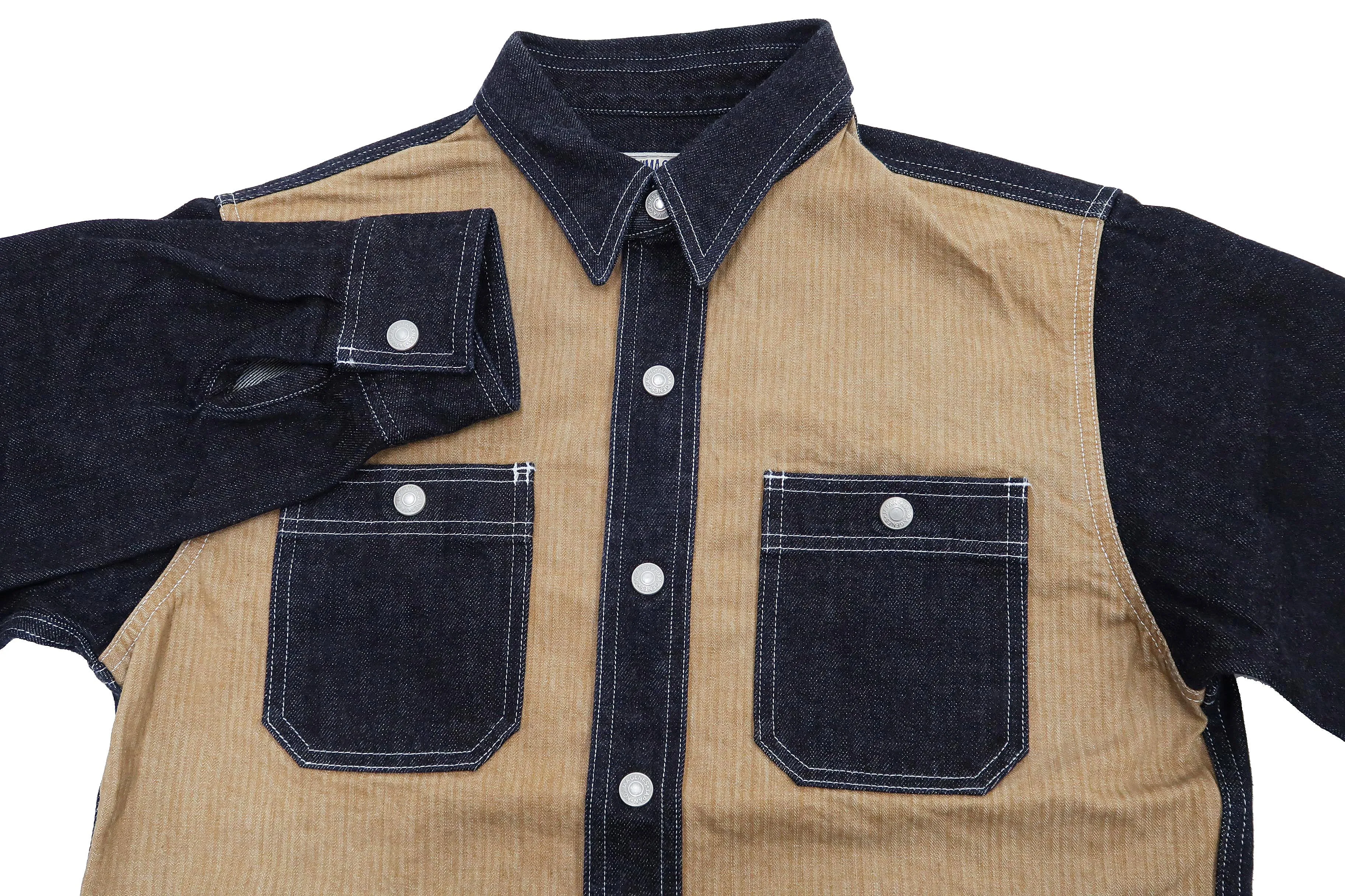 Kojima Genes Mixed Panel Shirt Men's Denim x Herringbone Long Sleeve Two Tone Button Up Shirt rnb282S RNB-282S Beige