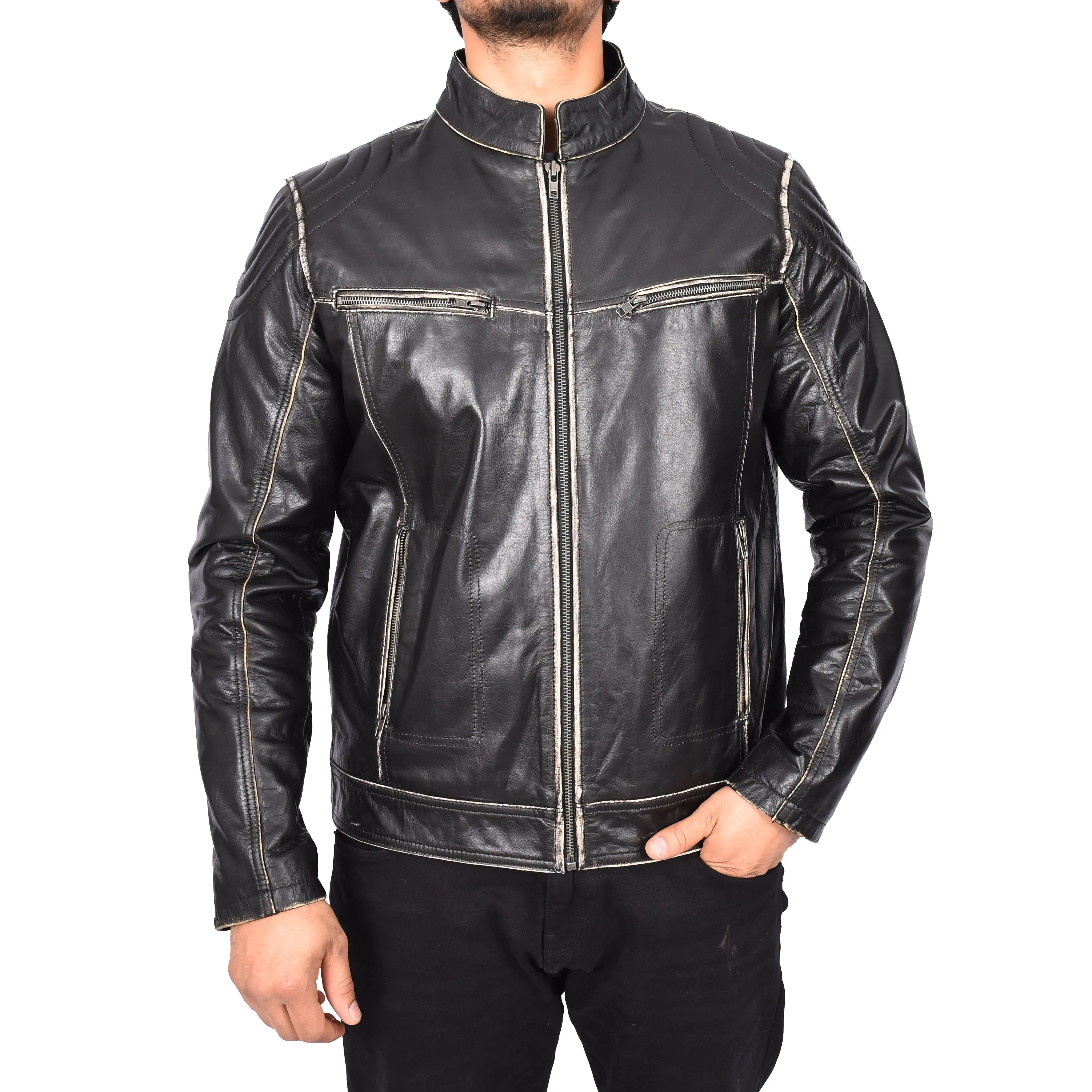 Men's Vintage Biker Real Leather Jacket Dark Brown Lars
