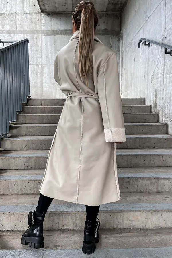 Own The World Faux Leather Teddy Lined Belt Midi Coat