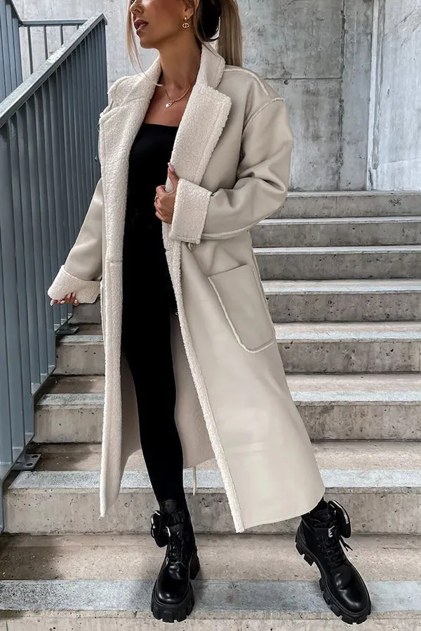 Own The World Faux Leather Teddy Lined Belt Midi Coat