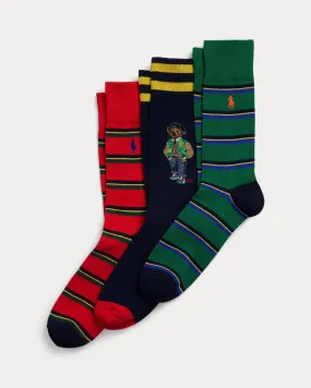 Ralph Lauren Polo Bear & Striped 3-Sock Gift Set | Navy/Green/Red