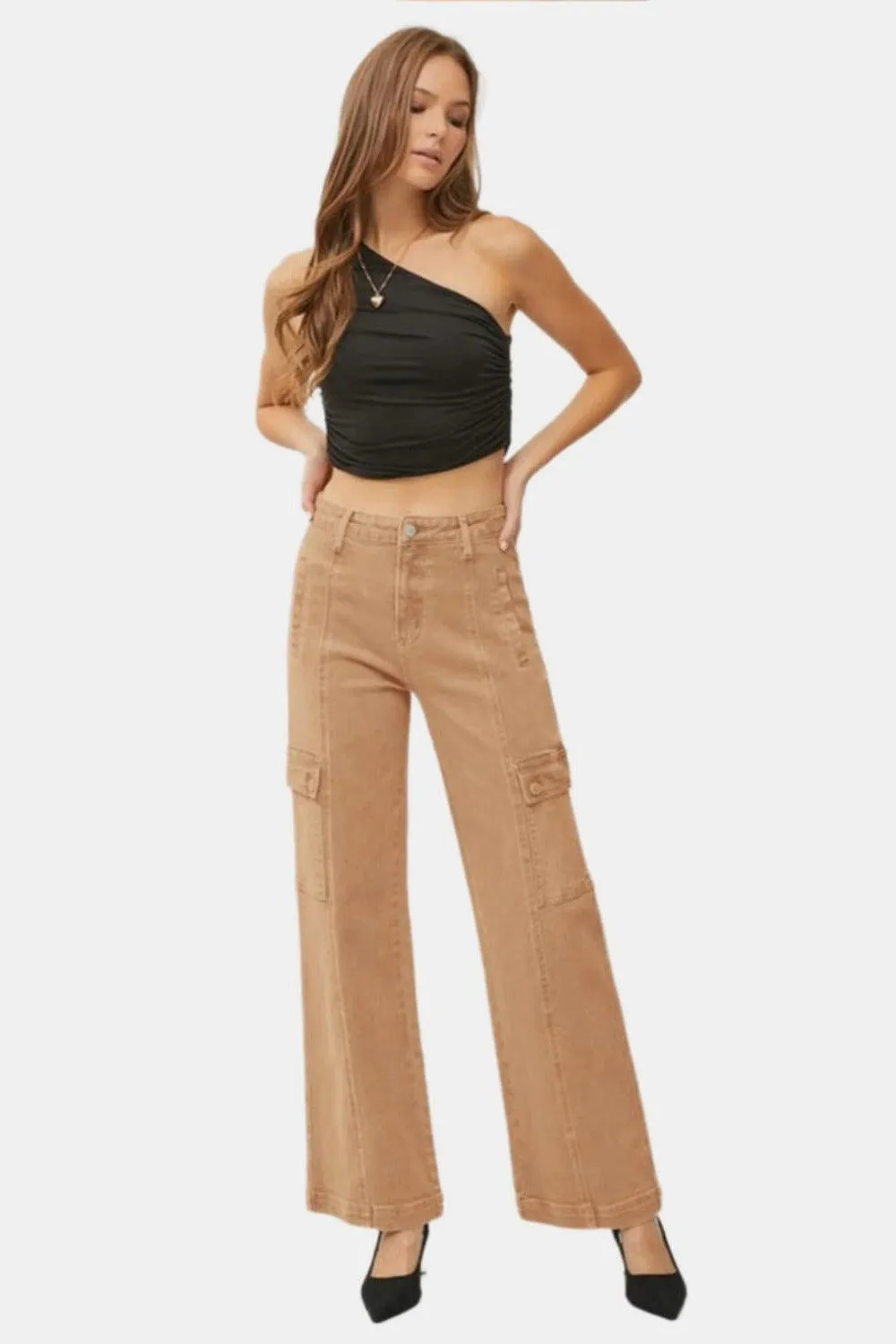 RISEN Cargo Jeans USA Stock High Rise Wide Leg Cotton Brown Pants