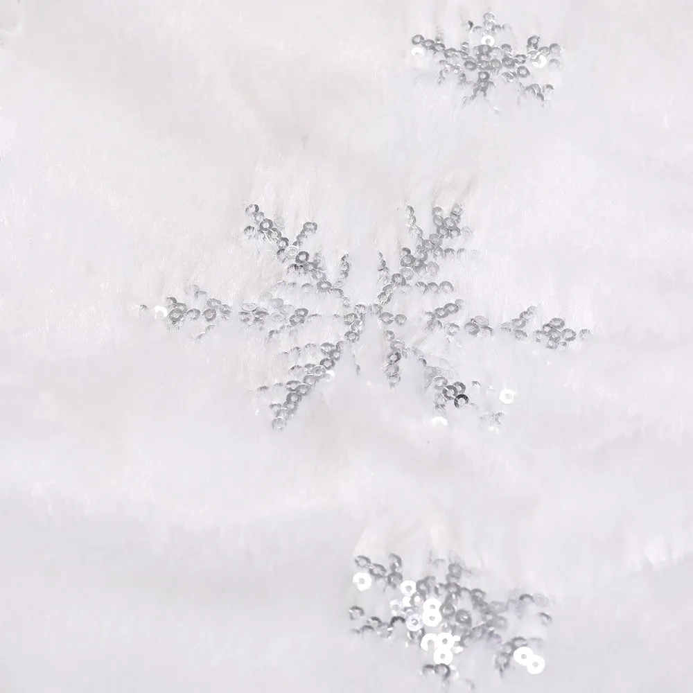 Silver Faux Fur Christmas Tree Skirt with Sequin Snowflake Decor