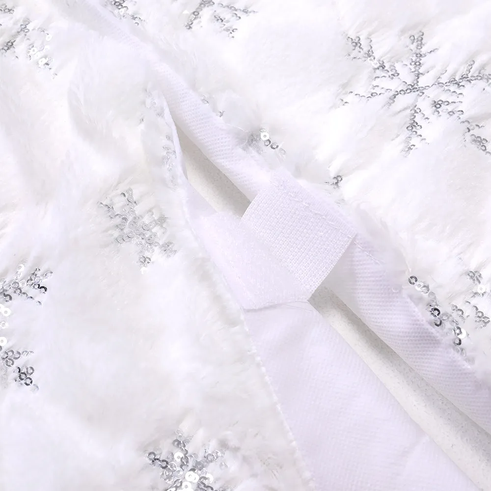 Silver Faux Fur Christmas Tree Skirt with Sequin Snowflake Decor