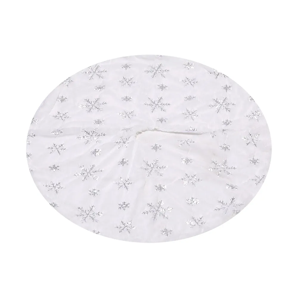 Silver Faux Fur Christmas Tree Skirt with Sequin Snowflake Decor