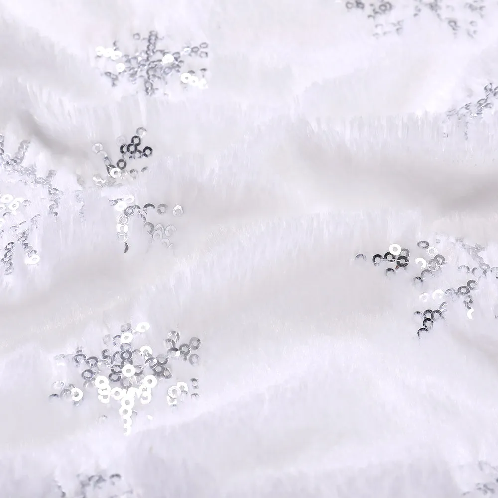 Silver Faux Fur Christmas Tree Skirt with Sequin Snowflake Decor