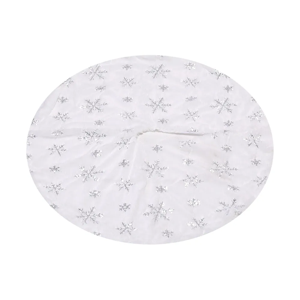 Silver Faux Fur Christmas Tree Skirt with Sequin Snowflake Decor