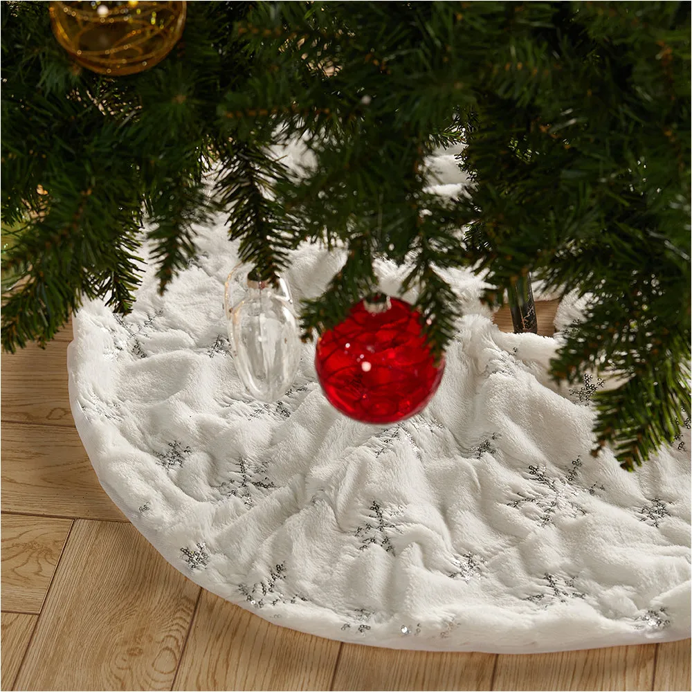Silver Faux Fur Christmas Tree Skirt with Sequin Snowflake Decor