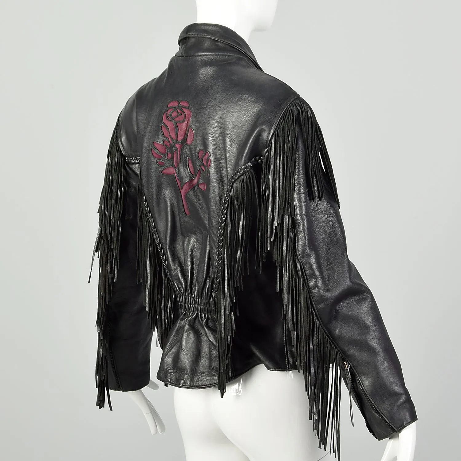 Small 1980s Black Leather Biker Jacket Fringe Purple Rose Inlays Zip Out Lining