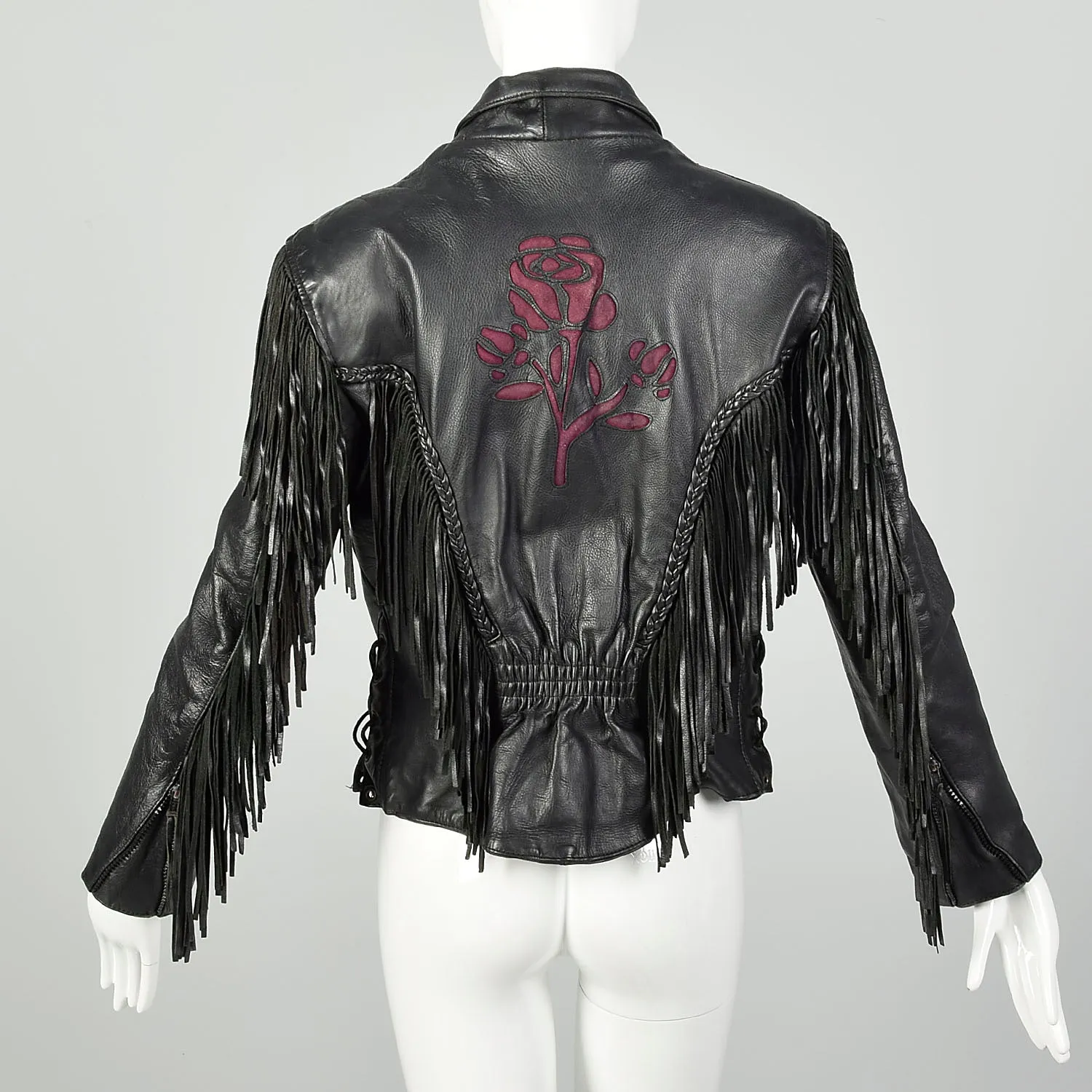 Small 1980s Black Leather Biker Jacket Fringe Purple Rose Inlays Zip Out Lining