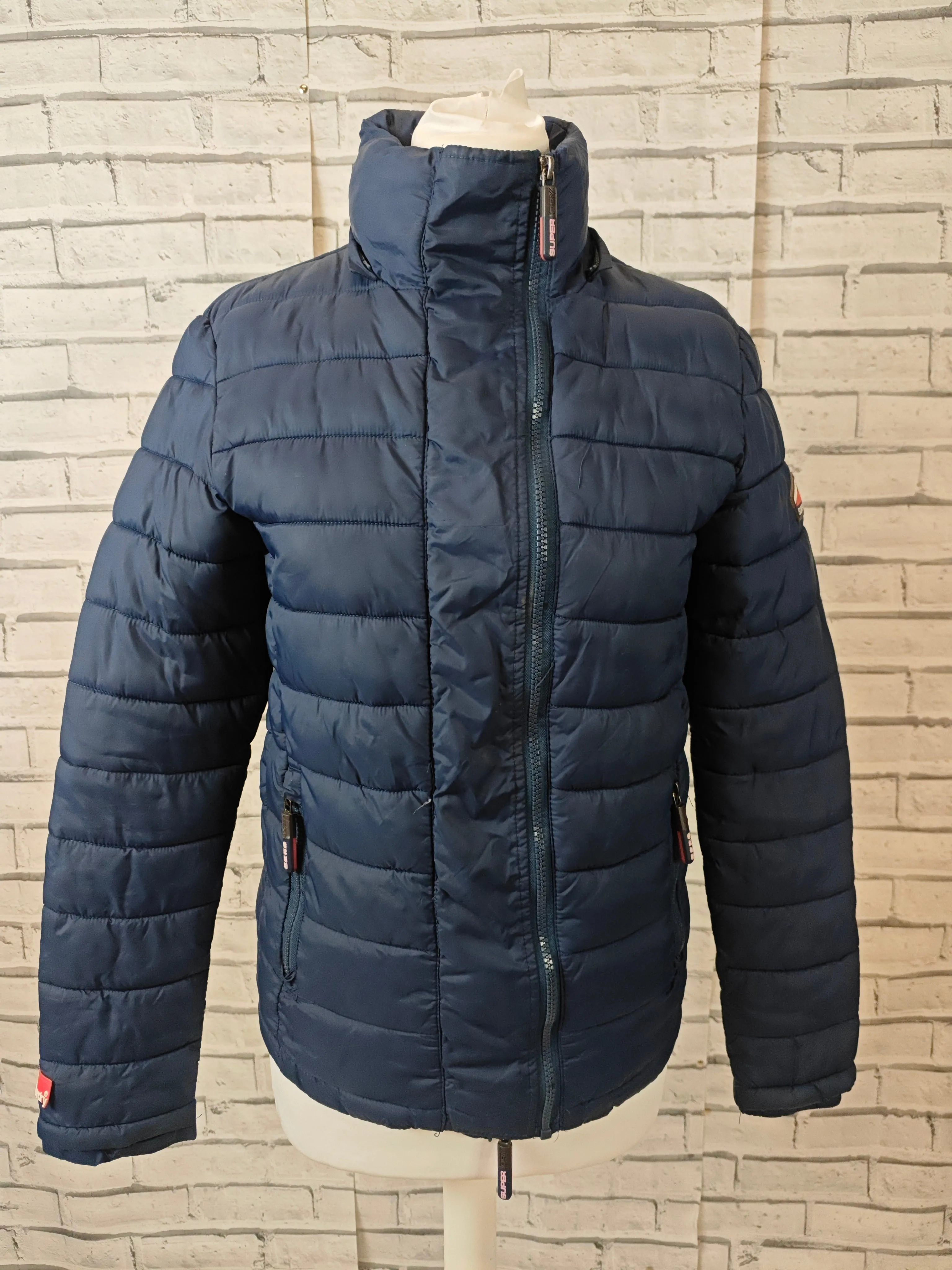 Superdry Fuji Puffer Jacket - XS - Navy and Red _ Lightweight Quilted Coat