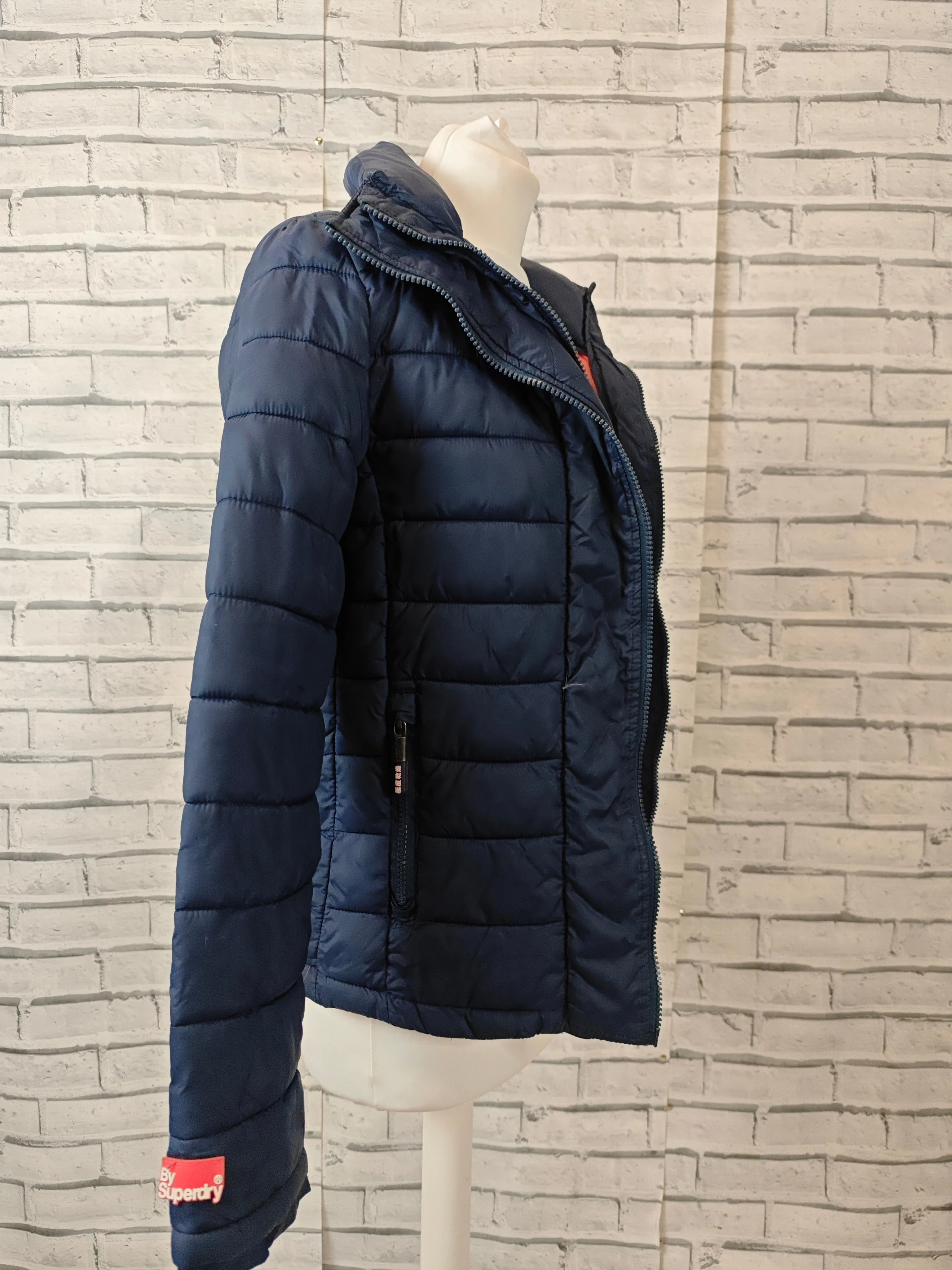 Superdry Fuji Puffer Jacket - XS - Navy and Red _ Lightweight Quilted Coat