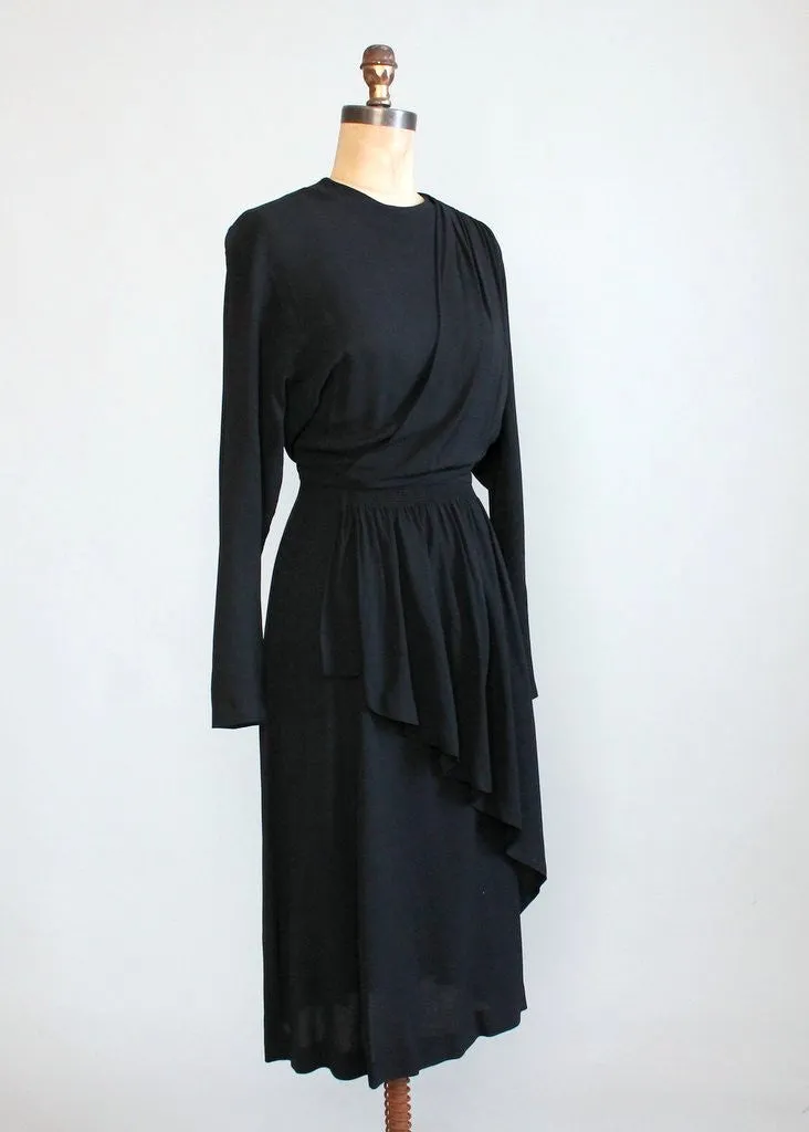 Vintage 1940s Black Crepe Draped Dress