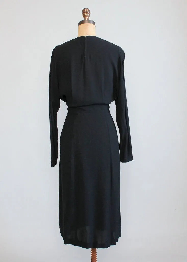 Vintage 1940s Black Crepe Draped Dress