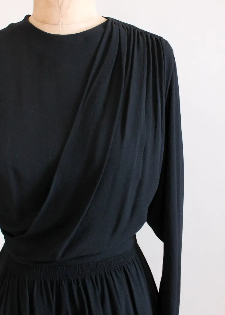 Vintage 1940s Black Crepe Draped Dress