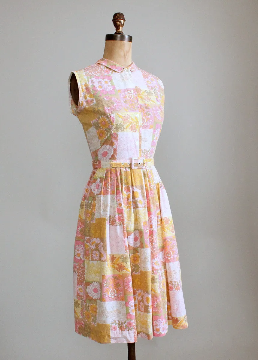 Vintage 1960s Floral Patchwork Pink Day Dress