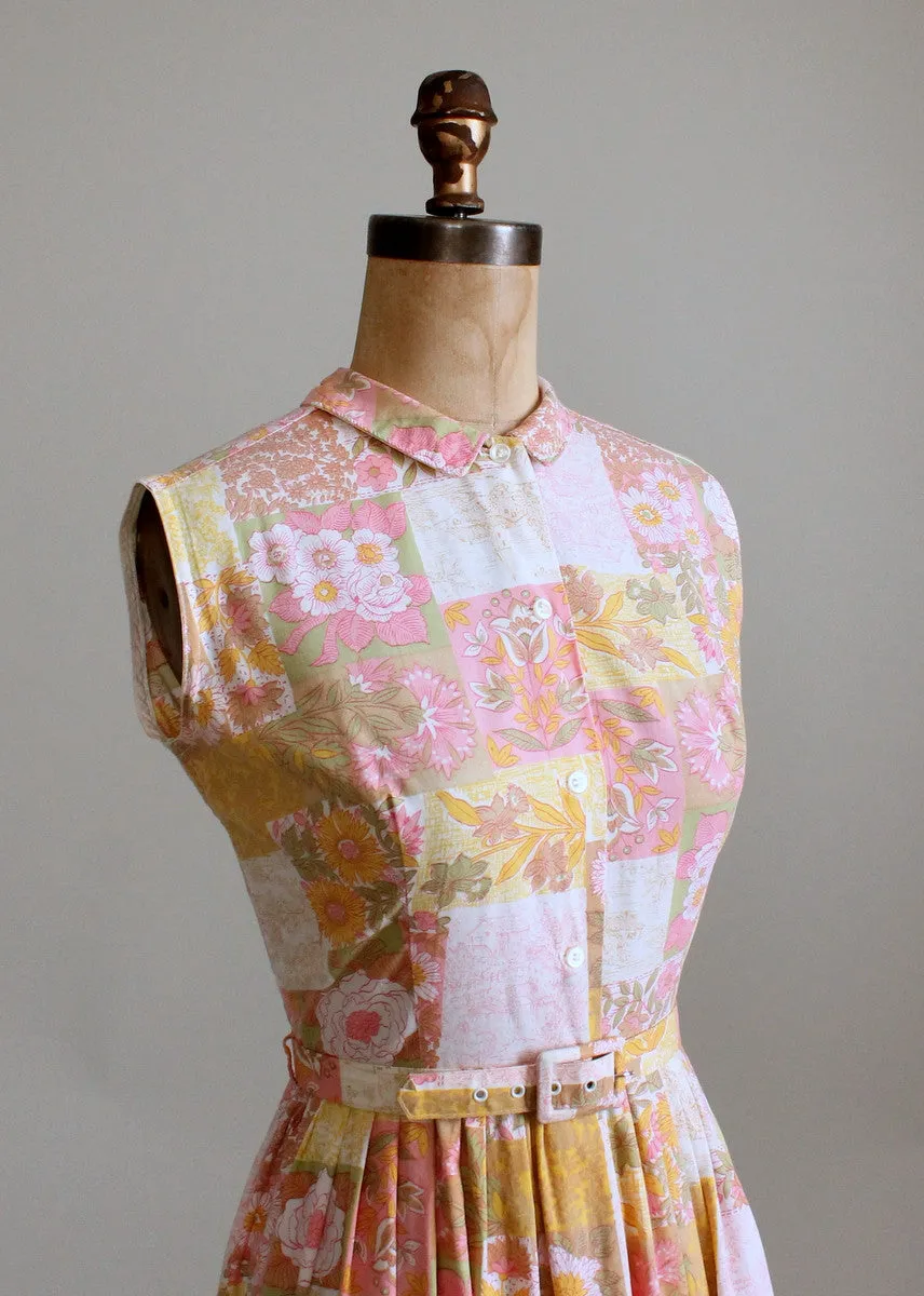 Vintage 1960s Floral Patchwork Pink Day Dress