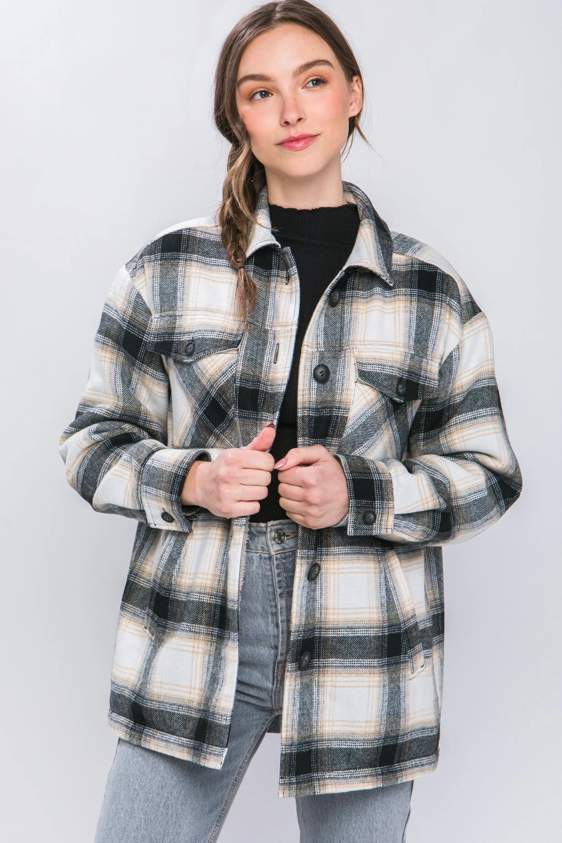 Woven Plaid Longline Jacket in Black